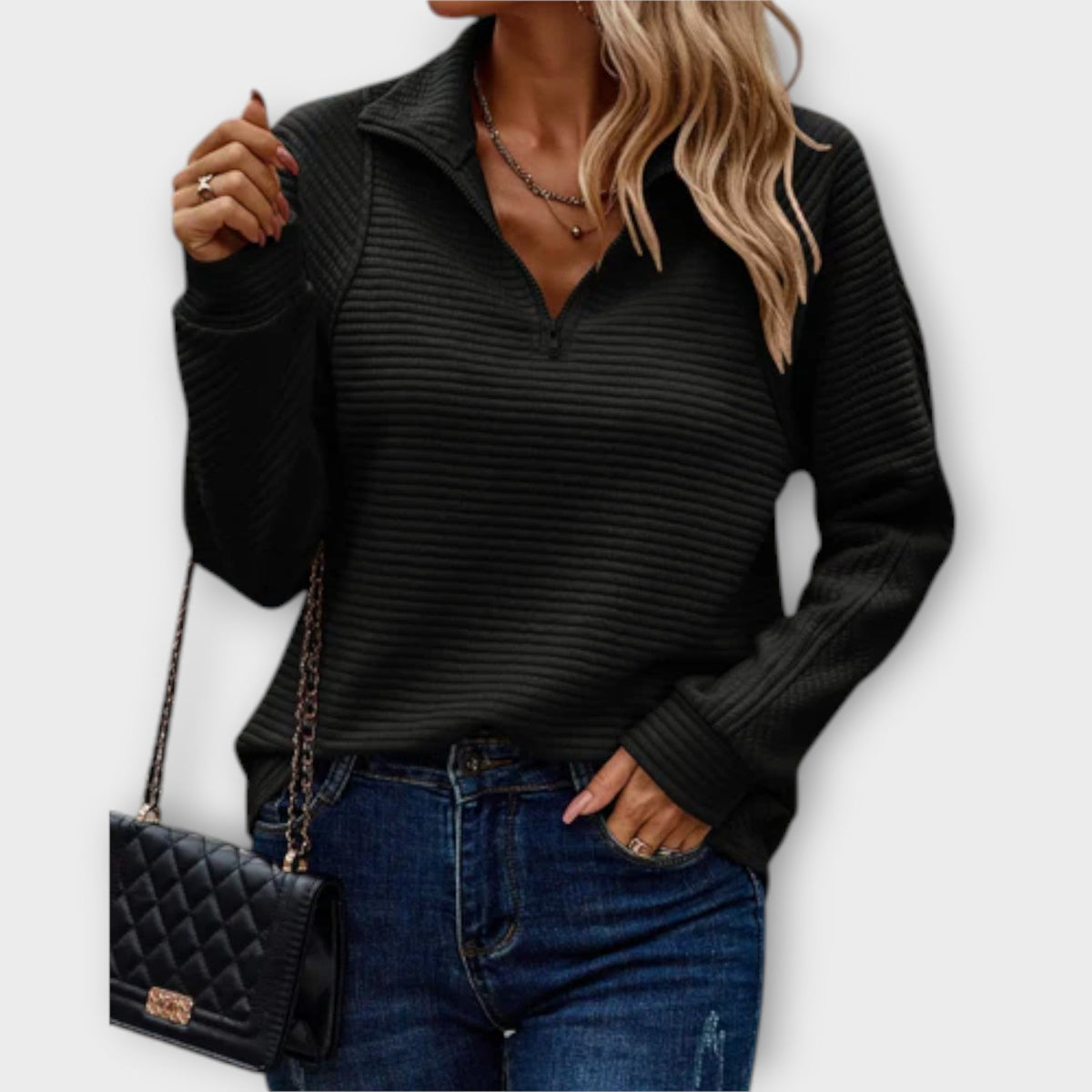 Women's Black Ribbed Knit Quarter-Zip Funnel Neck Jumper for Autumn