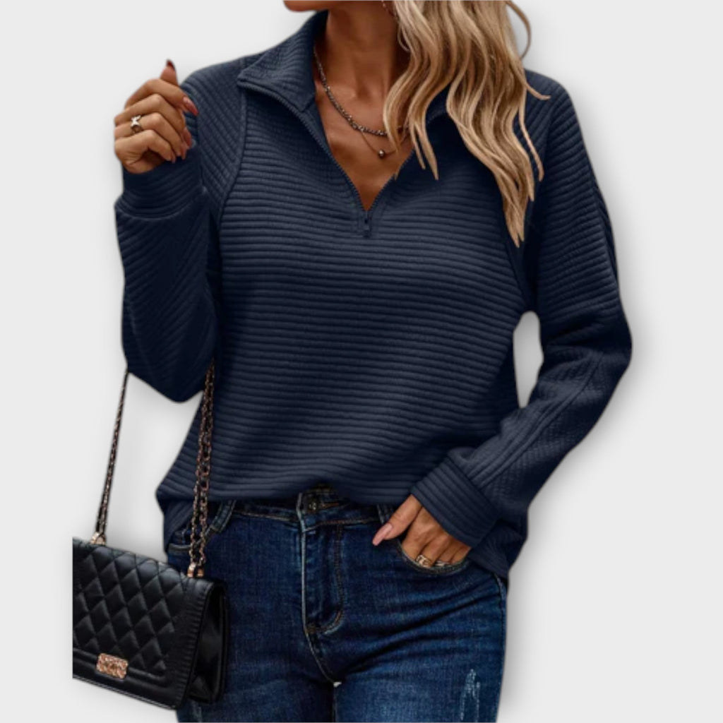 Women's Blue Ribbed Knit Quarter-Zip Funnel Neck Jumper for Autumn