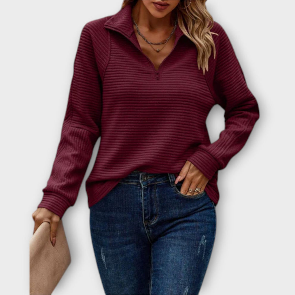 Women's Red Ribbed Knit Quarter-Zip Funnel Neck Jumper for Autumn