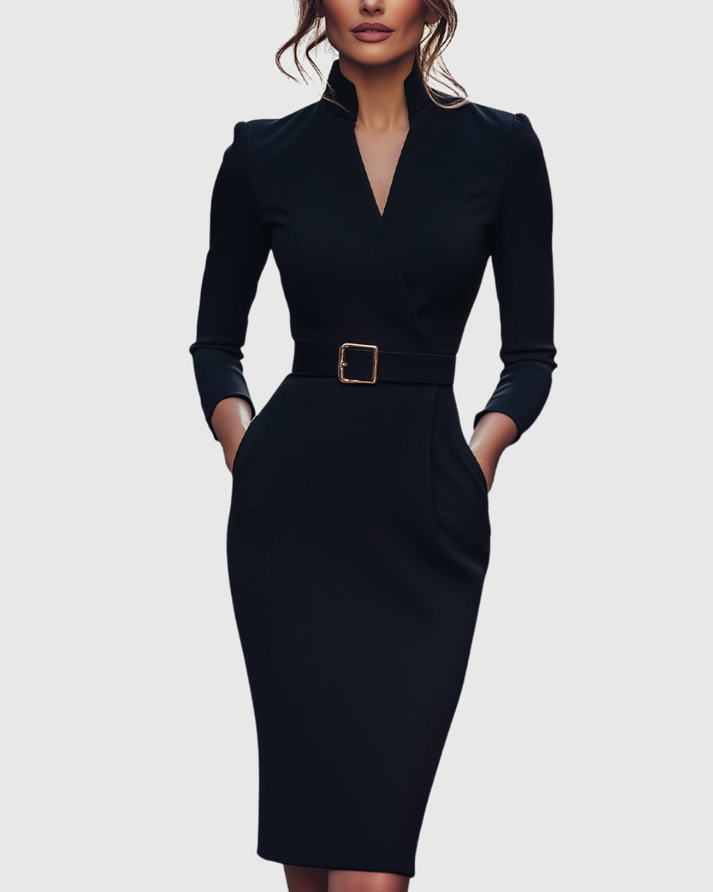 Women's classic midi dress with fitted waist and flowing skirt