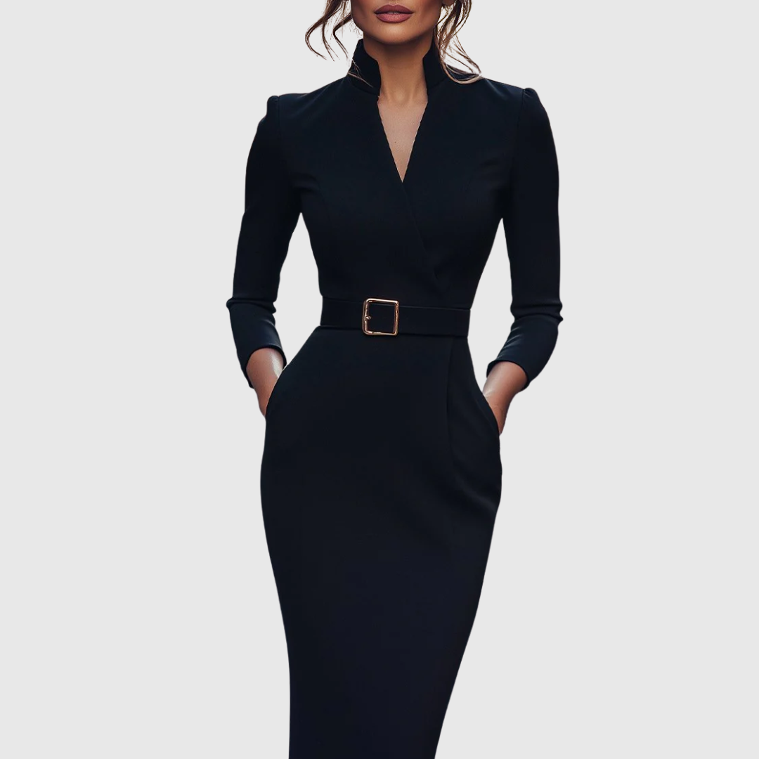 Women's black belted pencil midi dress with 3/4 sleeves and a wrap neckline