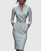 Women's navy blue belted pencil midi dress with 3/4 sleeves and a wrap neckline