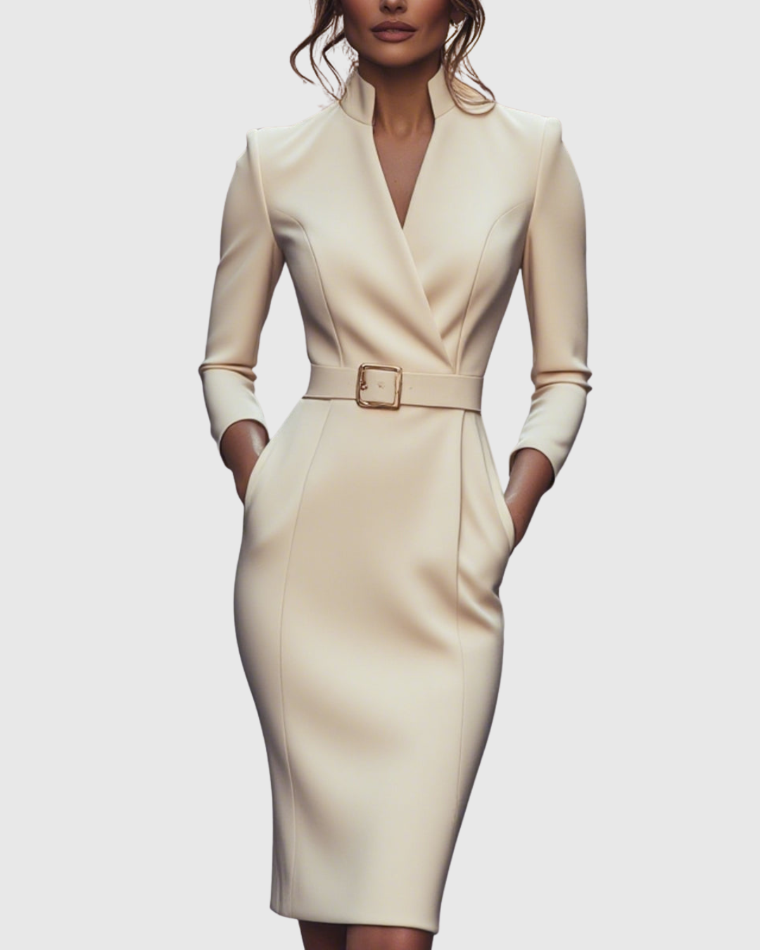 Women's classic midi dress with fitted waist and flowing skirt