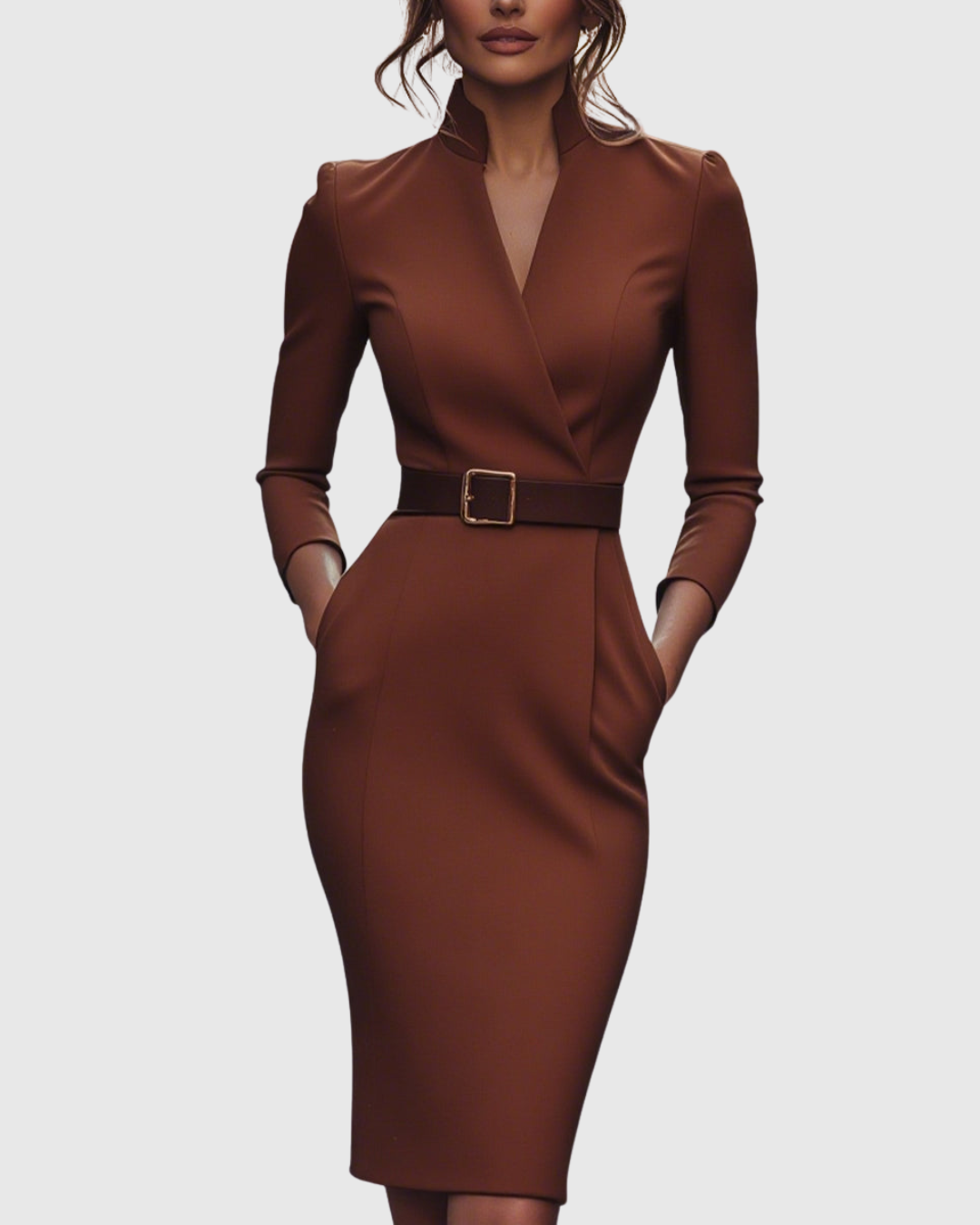Women's navy blue belted pencil midi dress with 3/4 sleeves and a wrap neckline