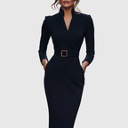 Women's classic midi dress with fitted waist and flowing skirt