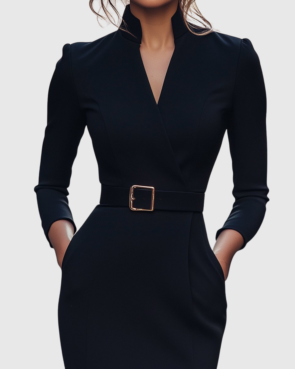 Women's black belted pencil midi dress with 3/4 sleeves and a wrap neckline