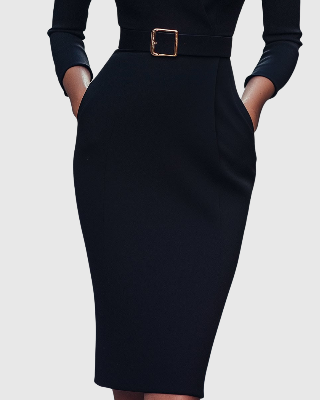 Women's black belted pencil midi dress with 3/4 sleeves and a wrap neckline