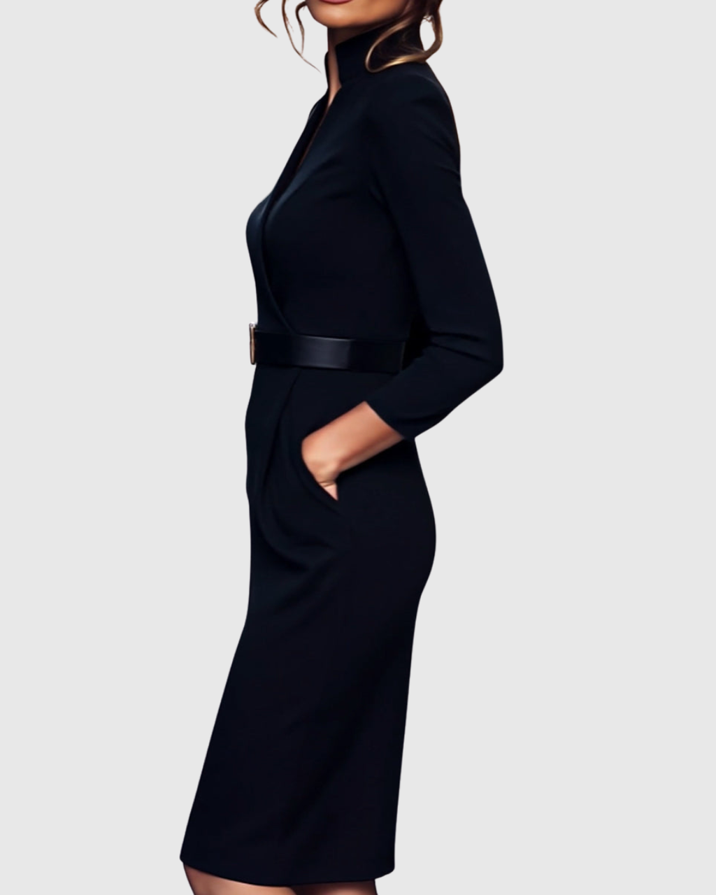 Women's black belted pencil midi dress with 3/4 sleeves and a wrap neckline
