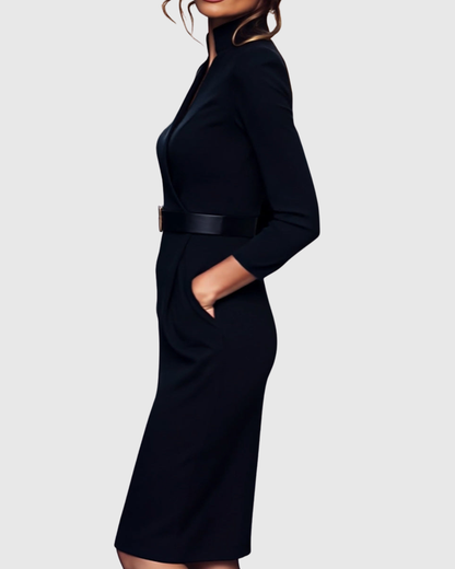 Women's black belted pencil midi dress with 3/4 sleeves and a wrap neckline