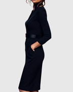 Women's classic midi dress with fitted waist and flowing skirt