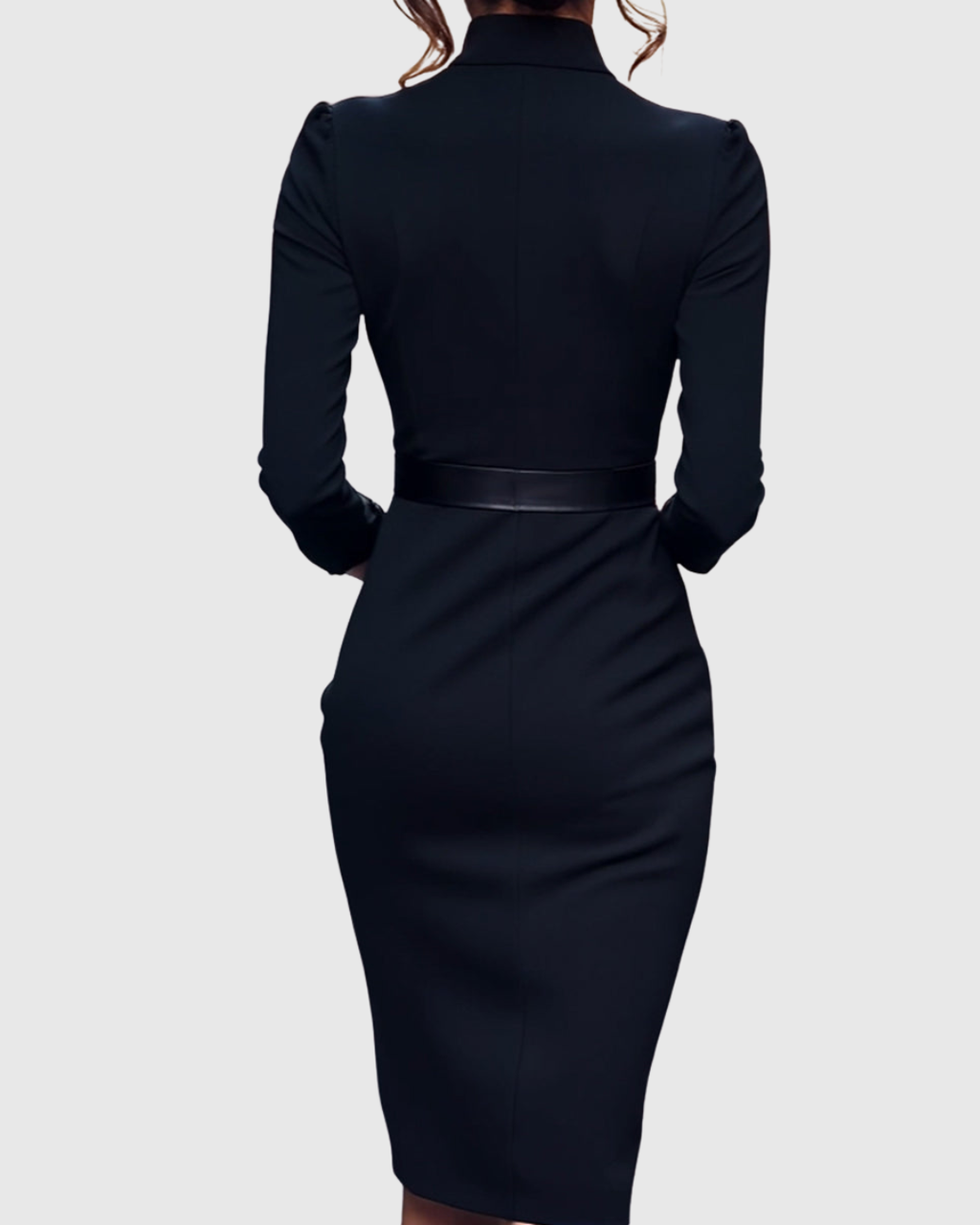 Women's black belted pencil midi dress with 3/4 sleeves and a wrap neckline