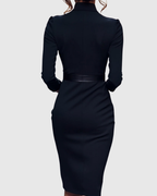 Women's black belted pencil midi dress with 3/4 sleeves and a wrap neckline