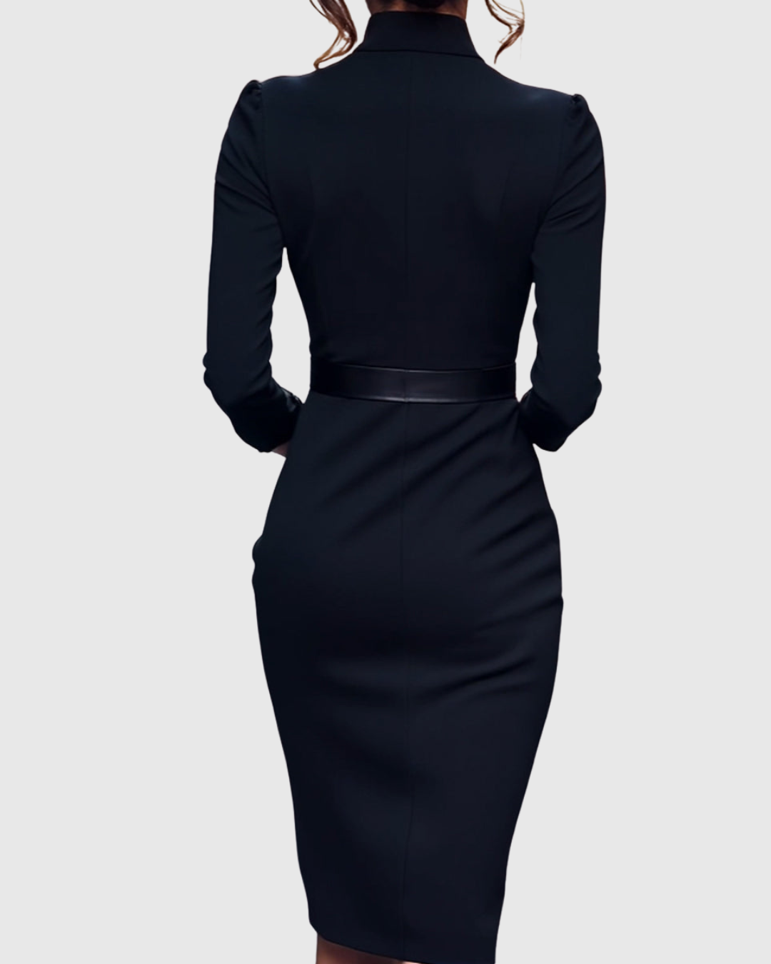 Women's black belted pencil midi dress with 3/4 sleeves and a wrap neckline