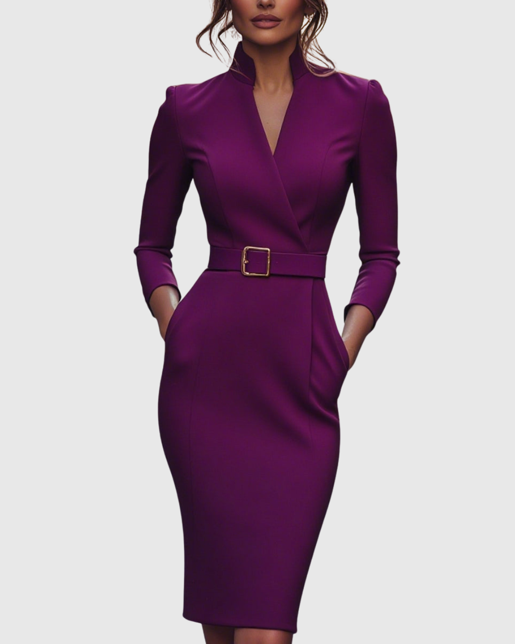 Women's navy blue belted pencil midi dress with 3/4 sleeves and a wrap neckline