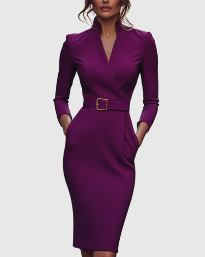 Women's navy blue belted pencil midi dress with 3/4 sleeves and a wrap neckline