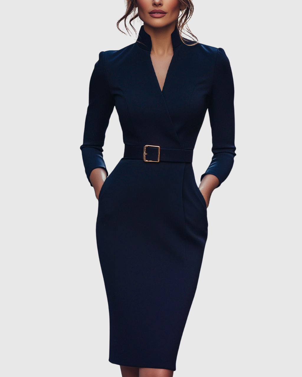 Women's navy blue belted pencil midi dress with 3/4 sleeves and a wrap neckline