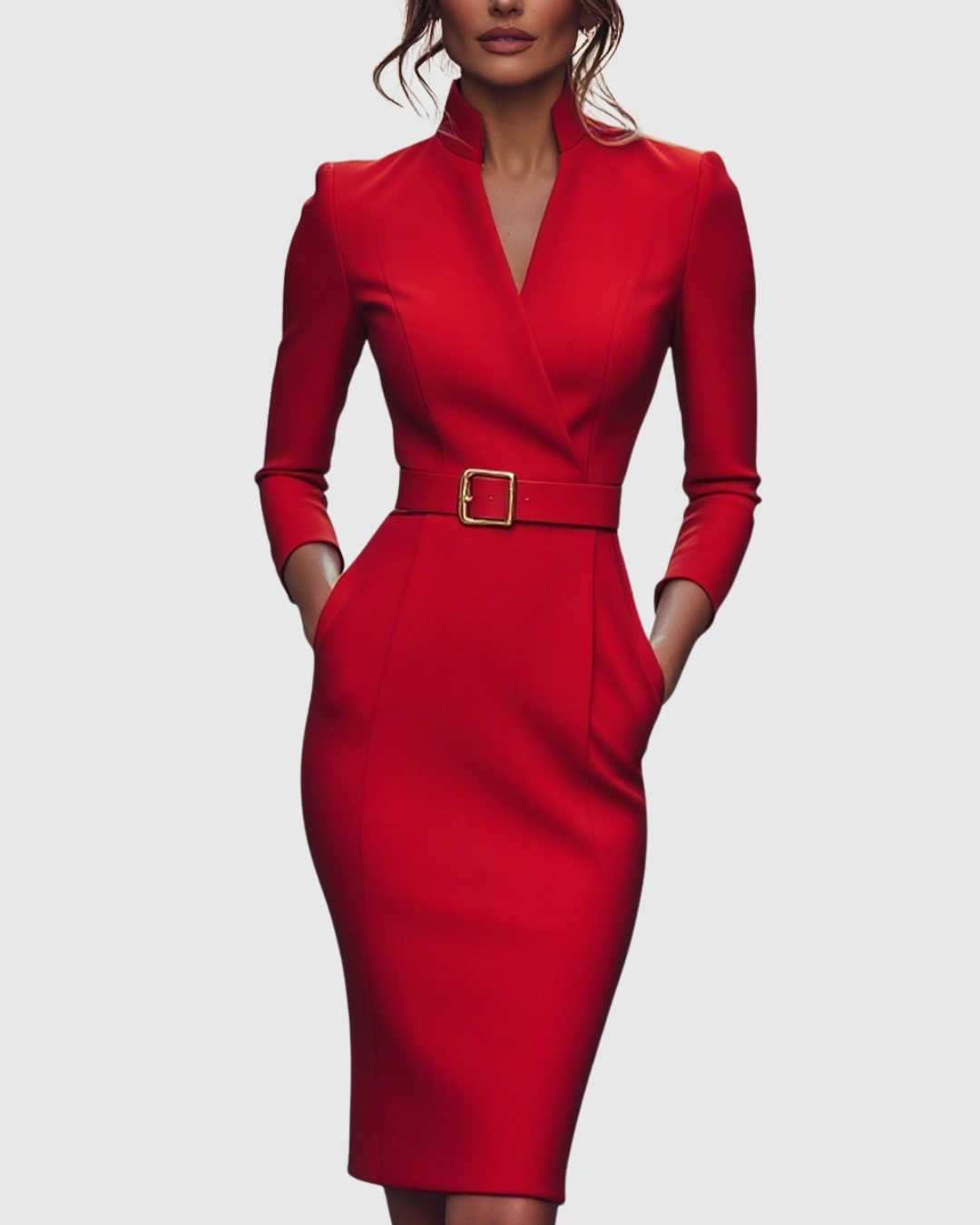 Women's classic midi dress with fitted waist and flowing skirt