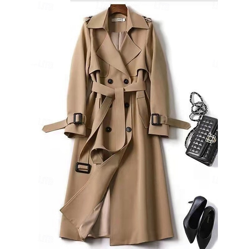 Belted long trench coat with lapel collar, product still life