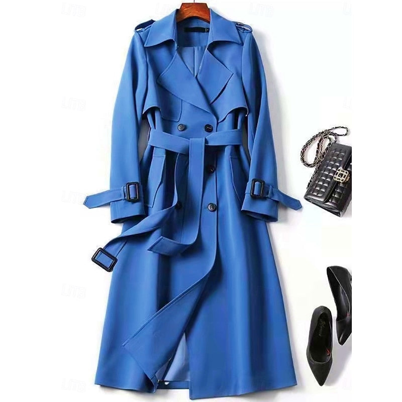 Belted long trench coat with lapel collar, product still life