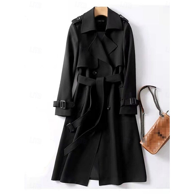 Belted long trench coat with lapel collar, product still life
