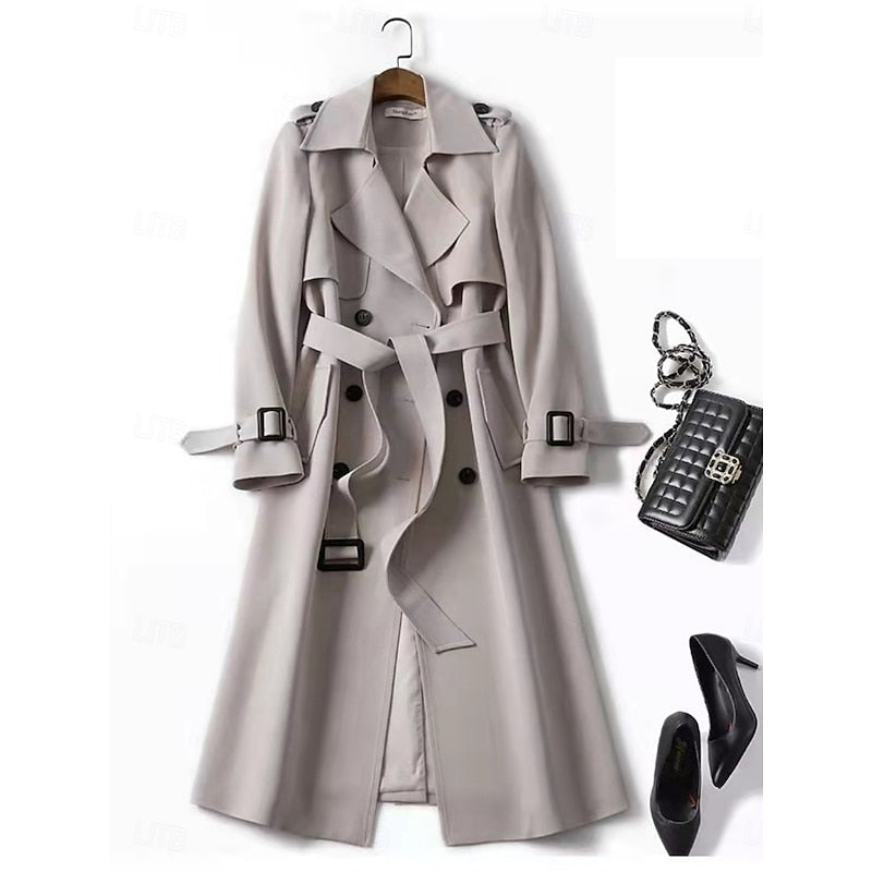 Belted long trench coat with lapel collar, product still life