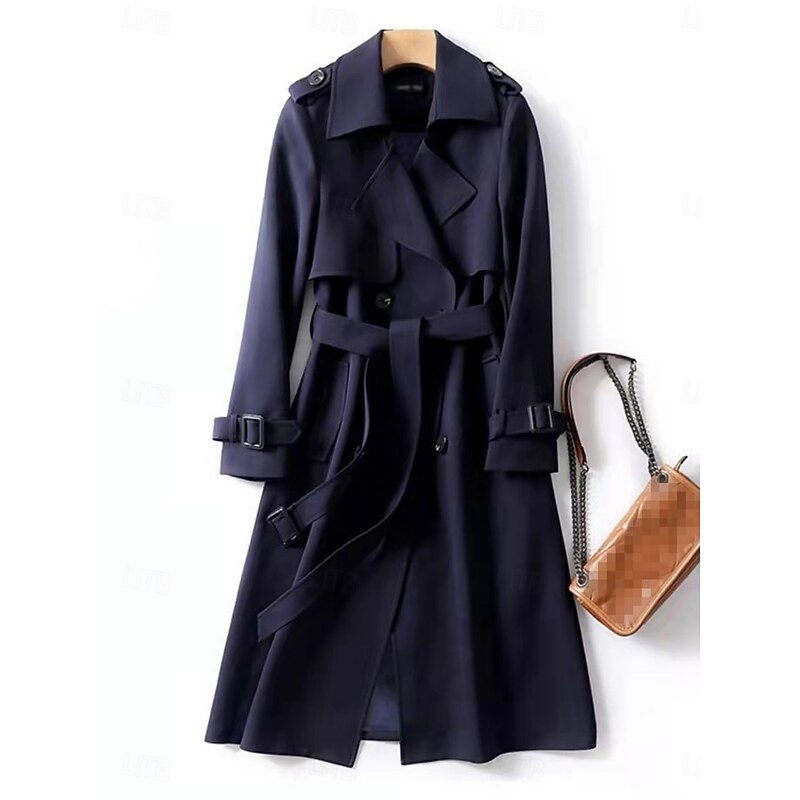 Belted long trench coat with lapel collar, product still life