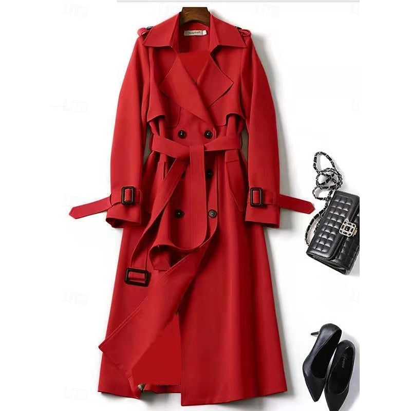 Belted long trench coat with lapel collar, product still life