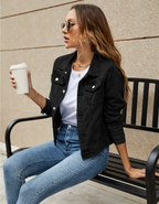 Women's classic cropped denim jacket with chest pockets and buttons, back view