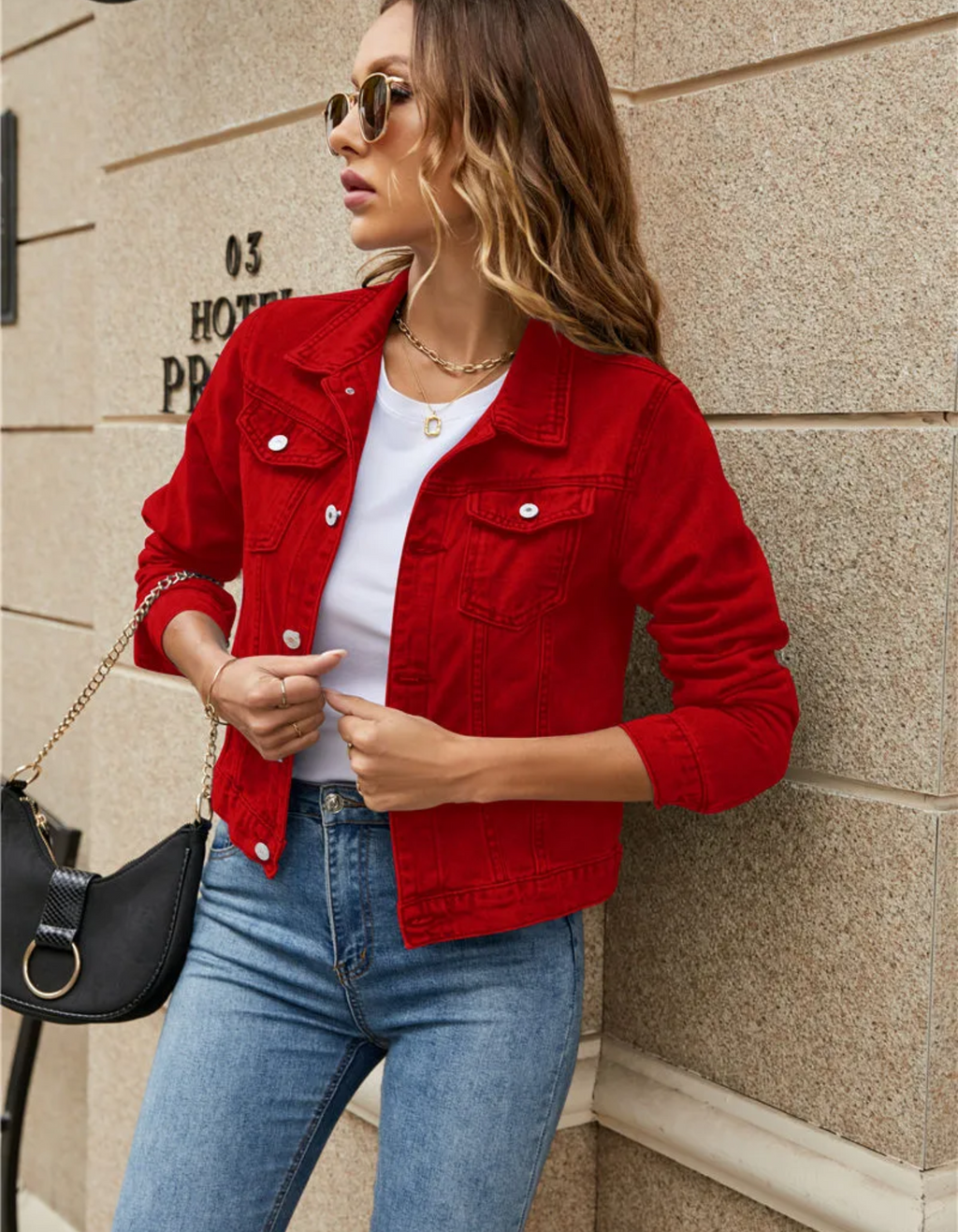 Women's red classic cropped denim jacket with chest pockets and buttons
