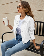 Women's white classic cropped denim jacket with chest pockets and buttons
