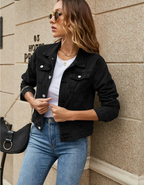 Women's black classic cropped denim jacket with chest pockets and buttons