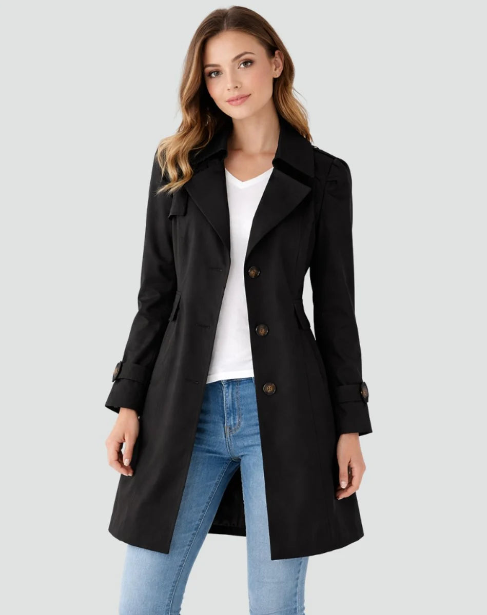 Women's black midi trench coat with buttoned cuffs