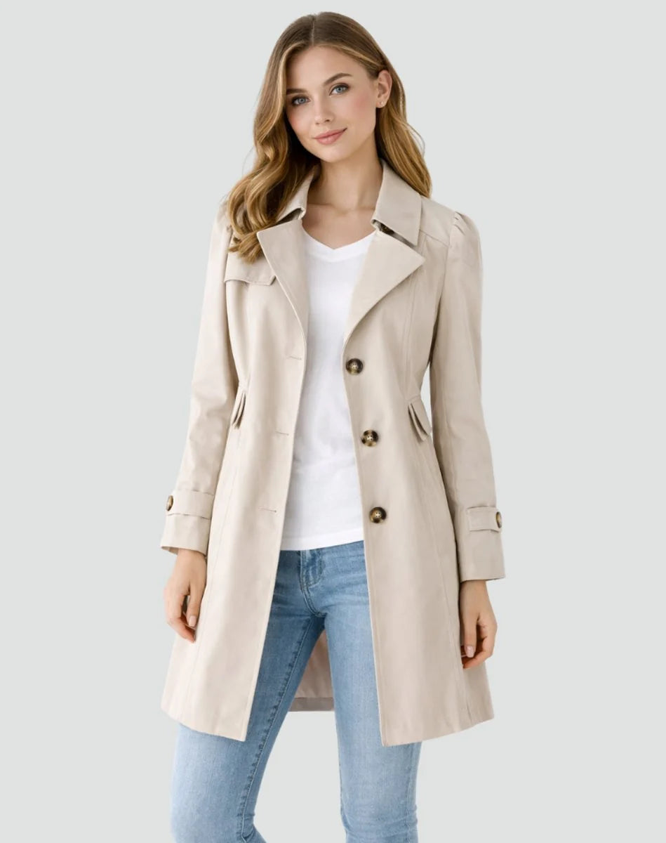 Women's stone midi trench coat with buttoned cuffs