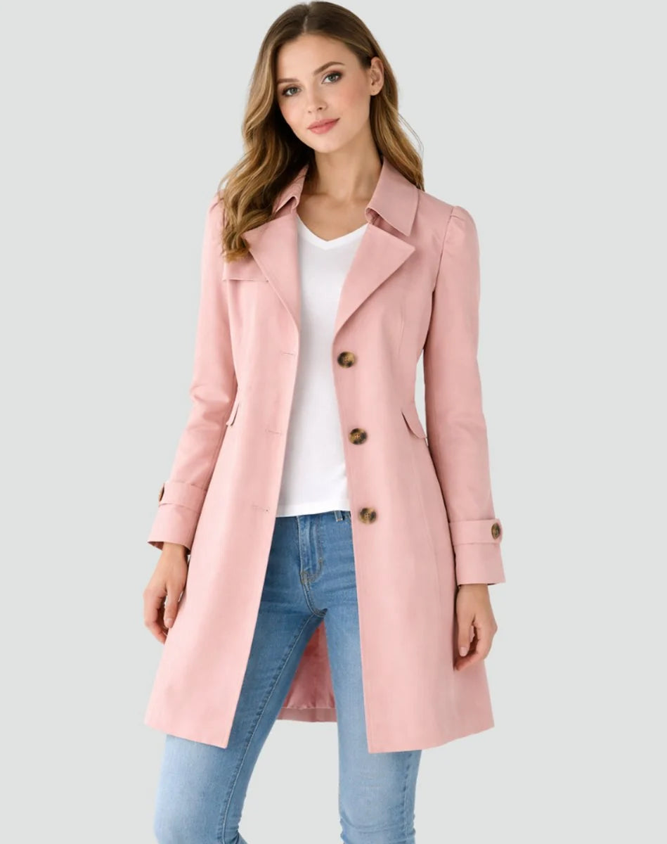 Women's pale pink midi trench coat with buttoned cuffs