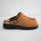 Brown men's faux leather moccasin slippers with a non-slip sole