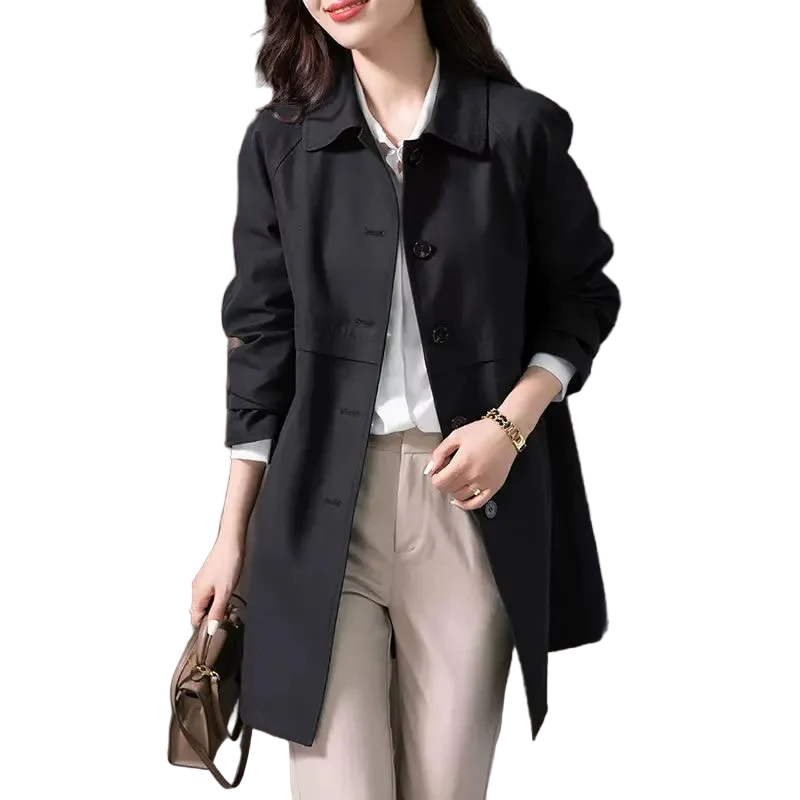 Black single-button short trench coat with notch lapel