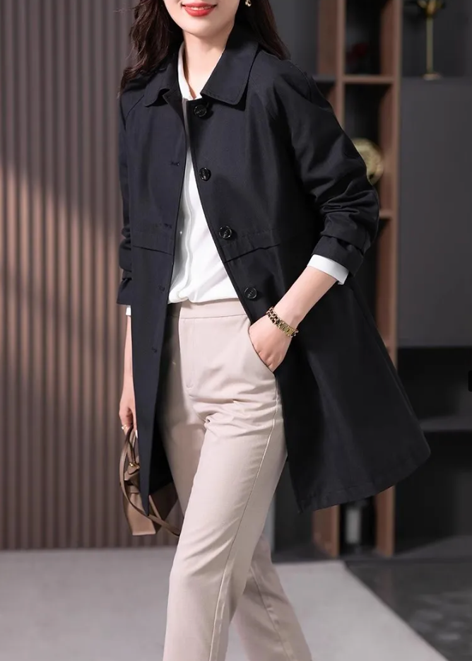 Black single-button short trench coat with notch lapel