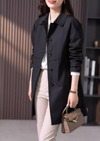 Black single-button short trench coat with notch lapel