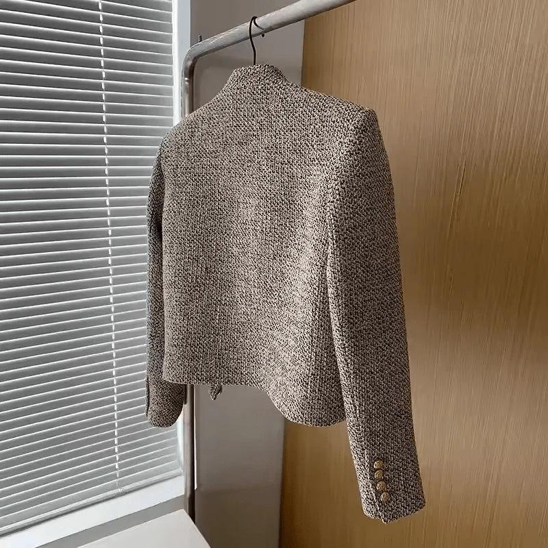 Women's grey cropped tweed jacket with stand collar