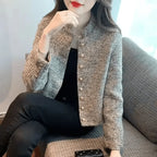 Women's grey cropped tweed jacket with stand collar