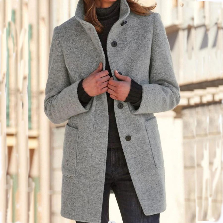 Women's light grey wool blend coat with a retro button front