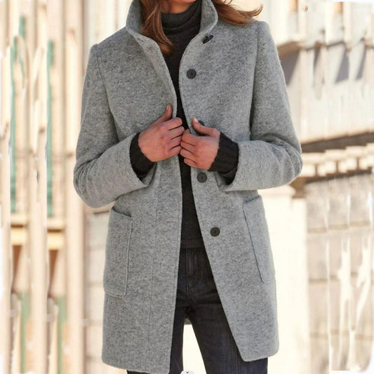 Women's light grey wool blend coat with a retro button front