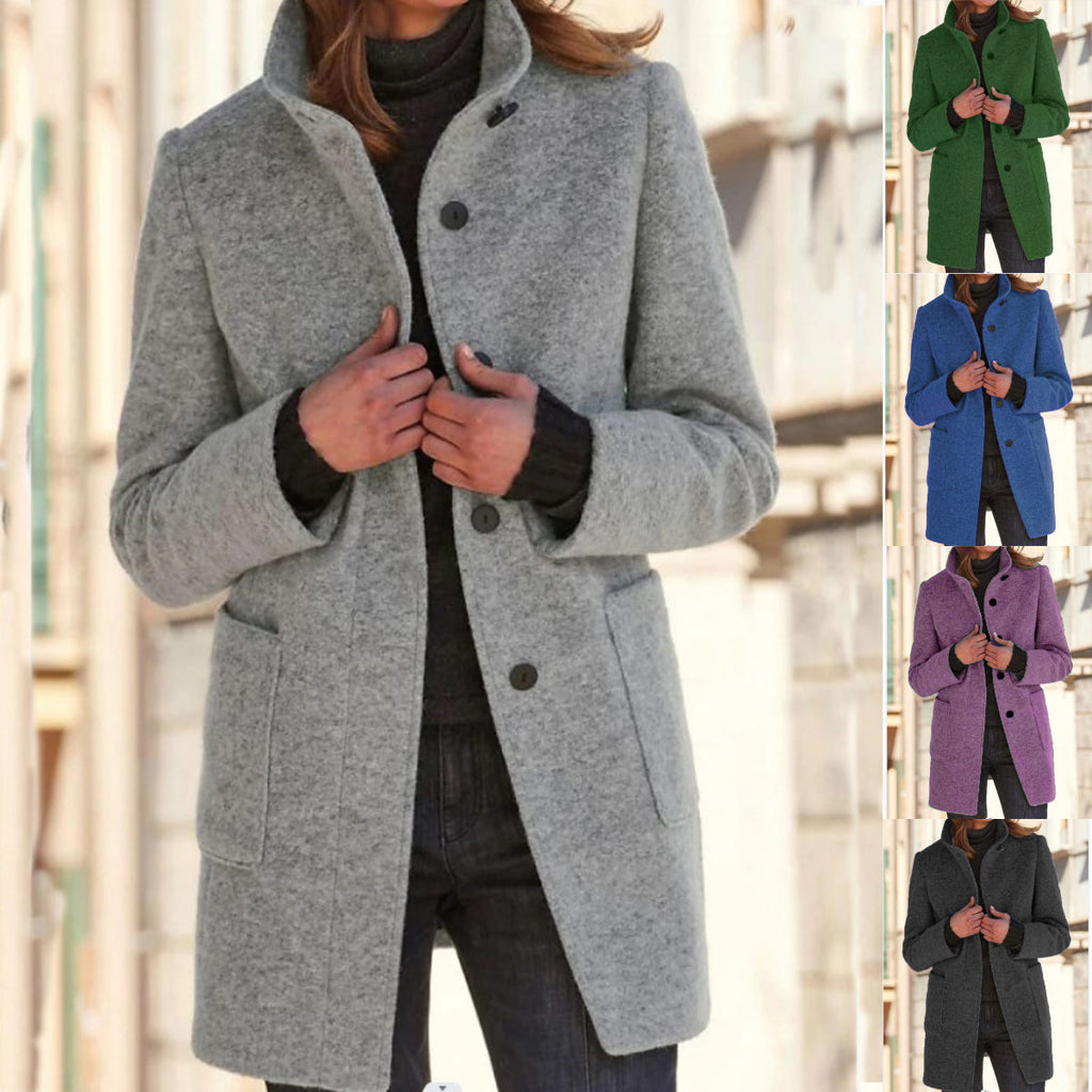 Women's light grey wool blend coat with a retro button front