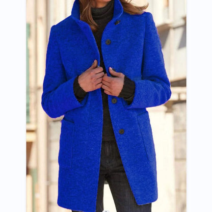 Women's light grey wool blend coat with a retro button front