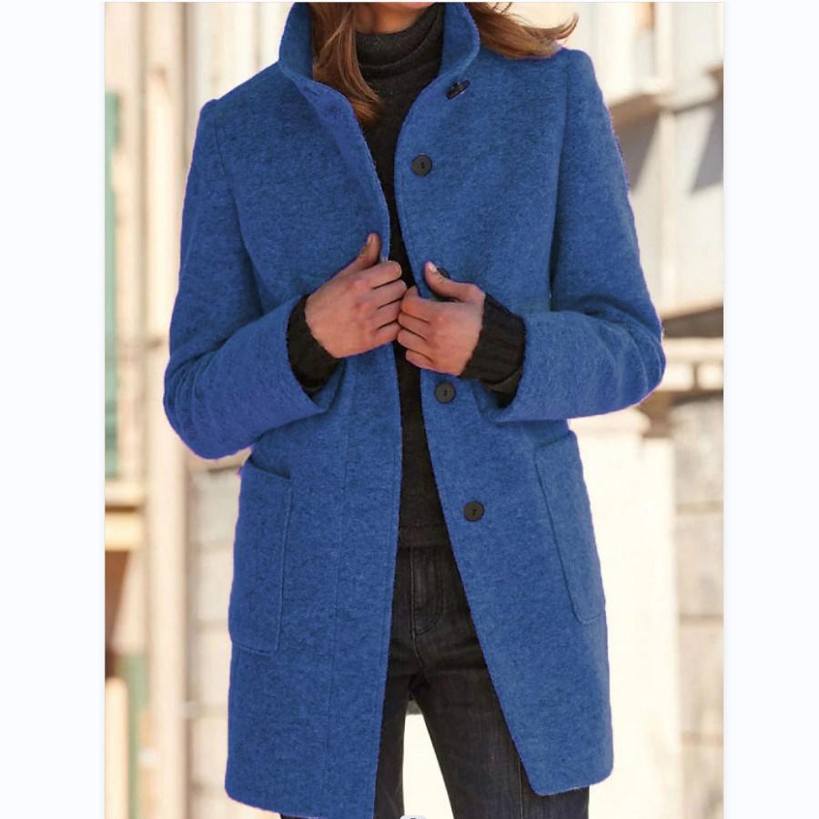Women's light grey wool blend coat with a retro button front