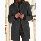 Women's dark blue wool blend coat with a retro button front