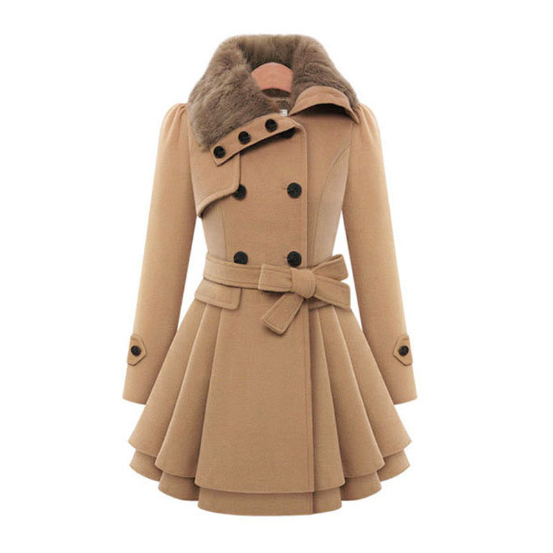 Women's Beige Fur-Collar Belted Trench Coat with Flared Hem