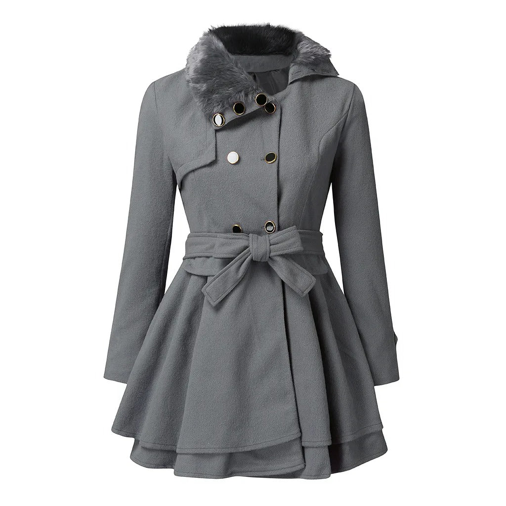 Women's Grey Fur-Collar Belted Trench Coat with Flared Hem