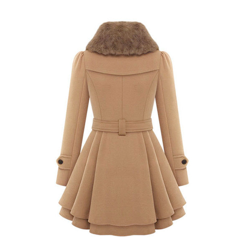 Women's Beige Fur-Collar Belted Trench Coat with Flared Hem