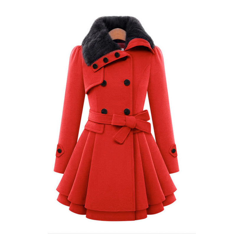 Women's Red Fur-Collar Belted Trench Coat with Flared Hem